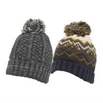 Kangaroo Poo Mens Two Pack Knitted Plain And Fairisle Bobble Hats Navy