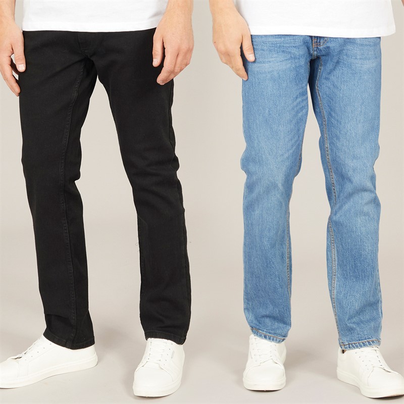 Mens Two Pack Straight Fit Denim Jeans Black/Stone Wash - Size 32/32