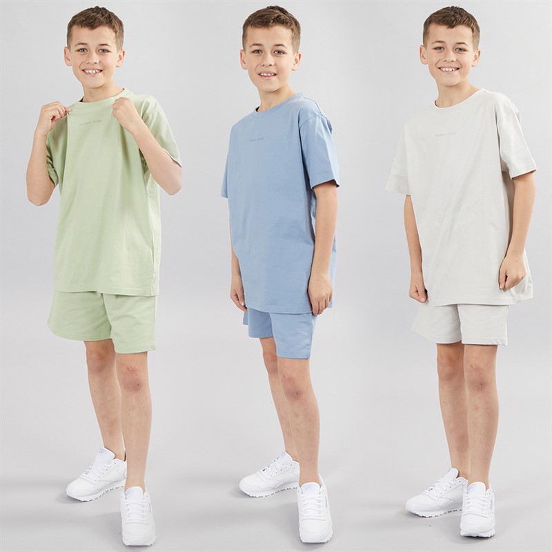 Kangaroo Poo Boys Three Pack Shorts And T-Shirts Sets Blue/Light Grey/Sage