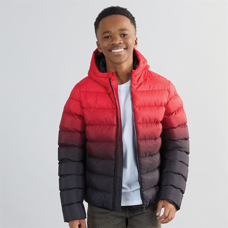 Boys Ombre Hooded Puffer Jacket Red/Black - Size 11/12Y