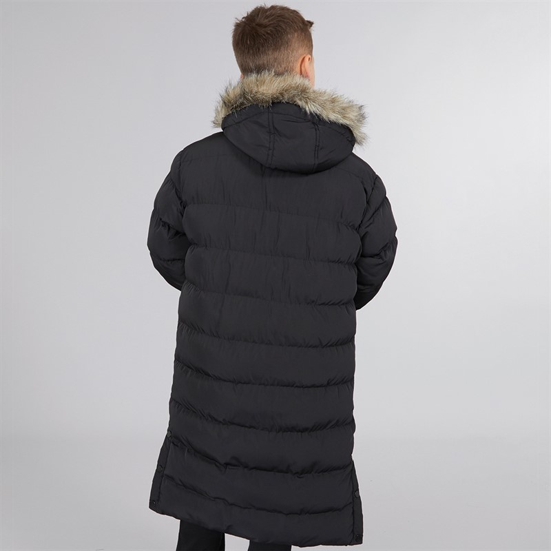 Kangaroo Poo Boys Longline Faux Fur Trim Hooded Jacket Black