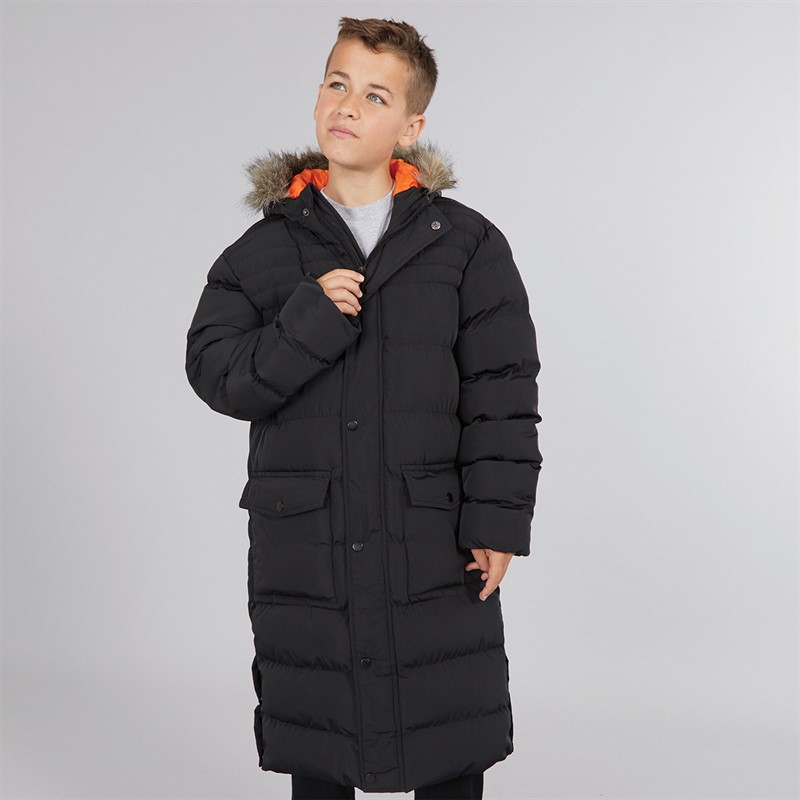 Kangaroo Poo Boys Longline Faux Fur Trim Hooded Jacket Black