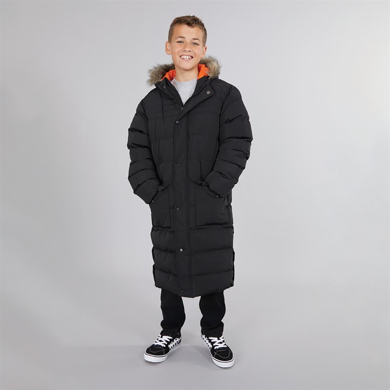 Kangaroo Poo Boys Longline Faux Fur Trim Hooded Jacket Black