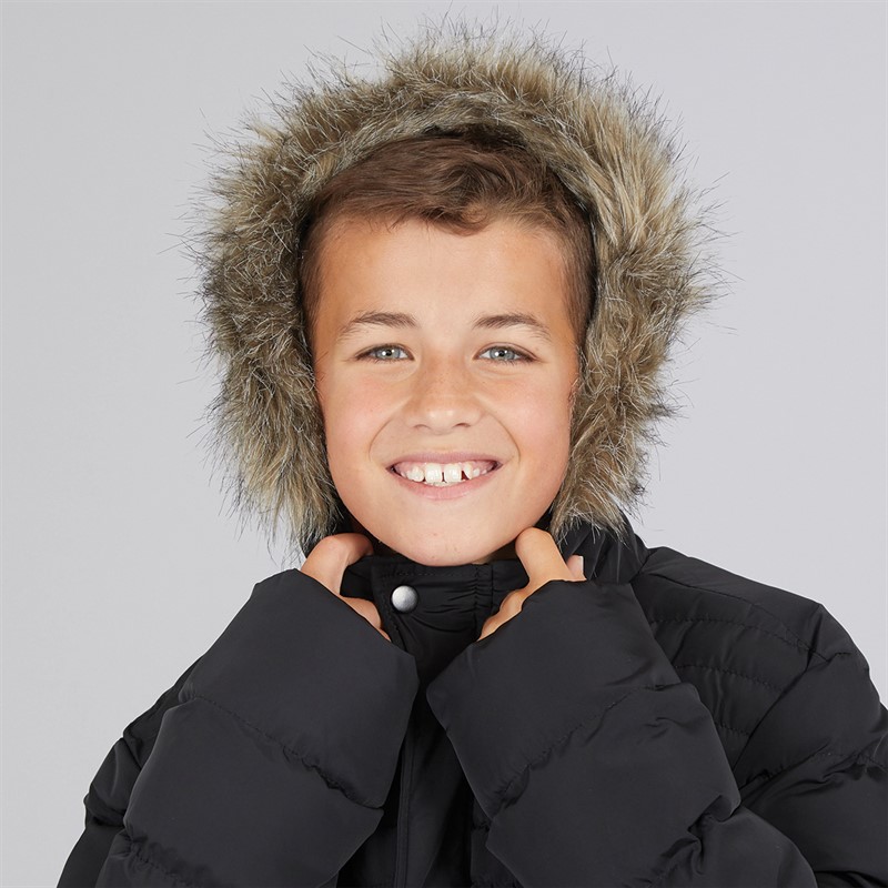 Kangaroo Poo Boys Longline Faux Fur Trim Hooded Jacket Black