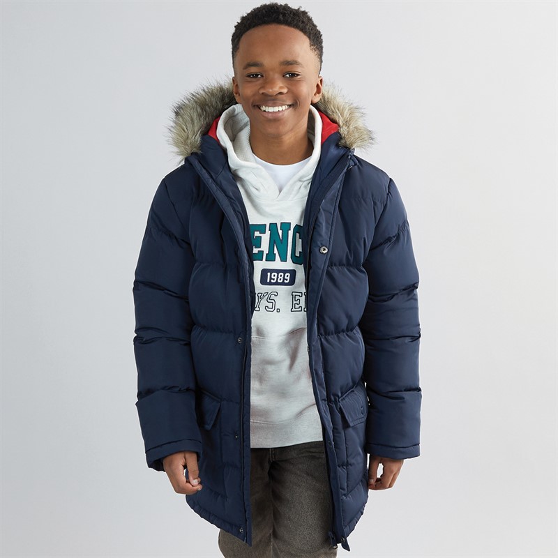 Boys Faux Fur Trim Hood Puffer Jacket Navy - Size 5/6Y