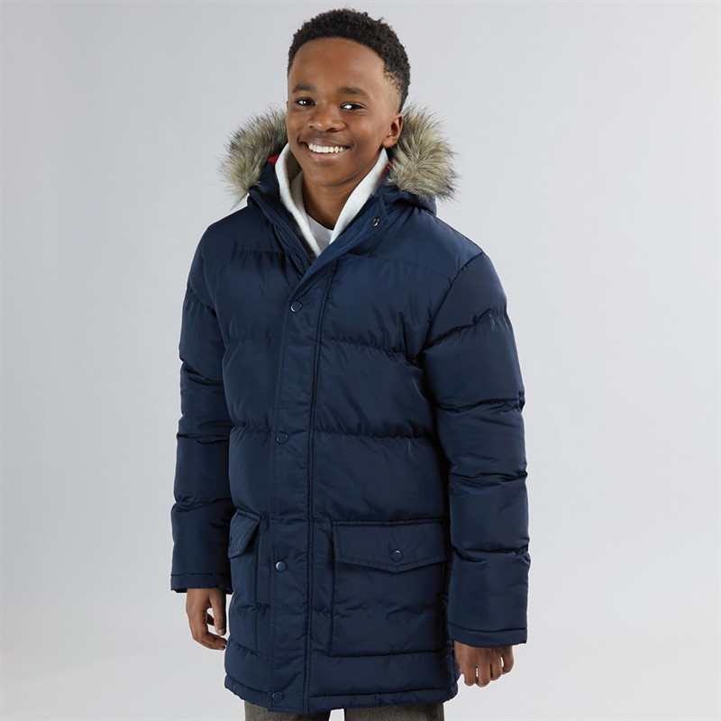 Kangaroo Poo Boys Faux Fur Trim Hood Puffer Jacket Navy