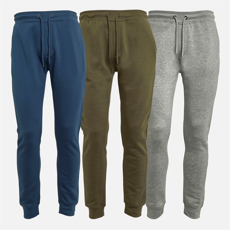 Kangaroo Poo Mens Three Pack Regular Fit Cuffed Fleece Joggers Denim Blue/Grey Marl/Khaki