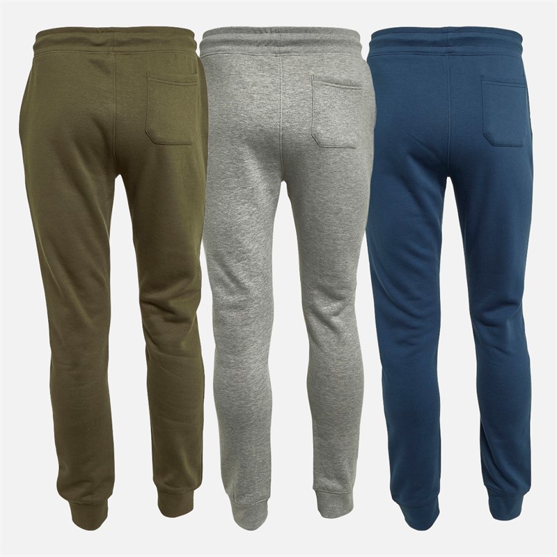 Kangaroo Poo Mens Three Pack Regular Fit Cuffed Fleece Joggers Denim Blue/Grey Marl/Khaki