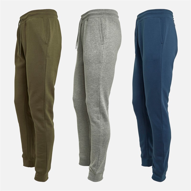 Kangaroo Poo Mens Three Pack Regular Fit Cuffed Fleece Joggers Denim Blue/Grey Marl/Khaki