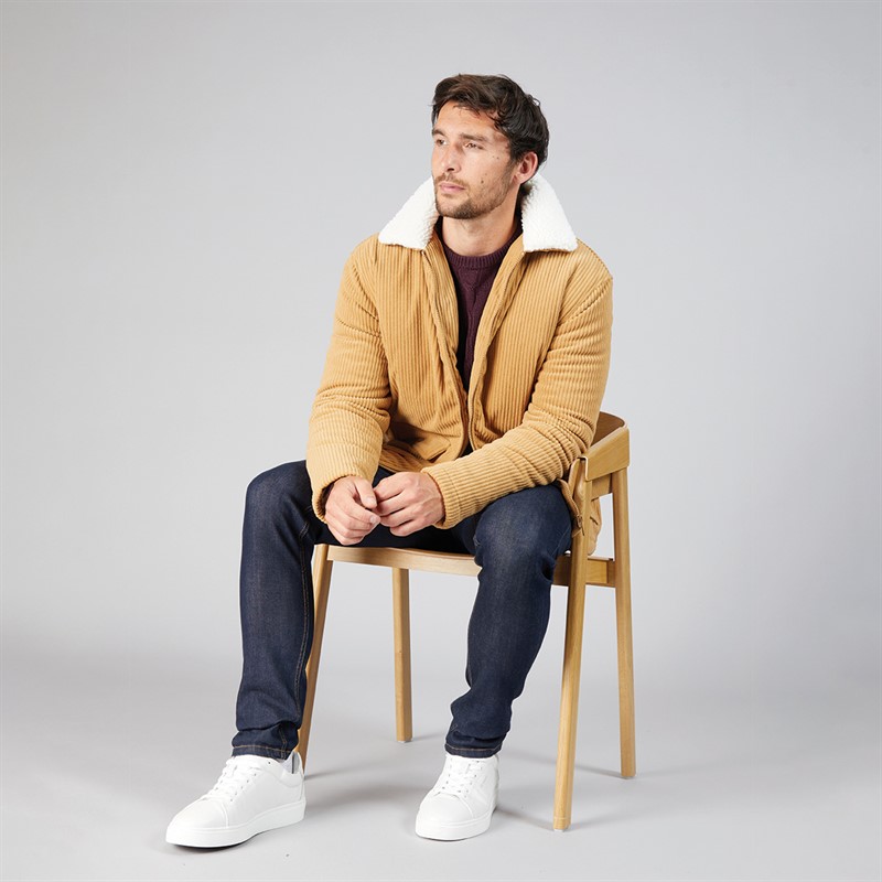 Kangaroo Poo Mens Cord Jacket With Borg Collar Dark Beige