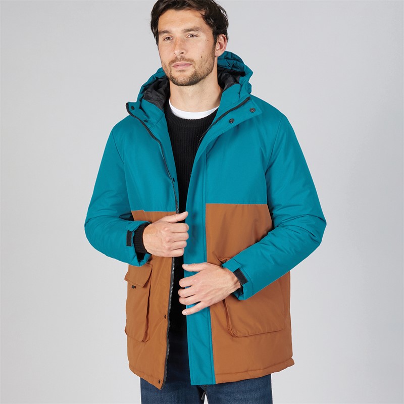 Mens Colour Block Parka Jacket Blue/Stone - Size L
