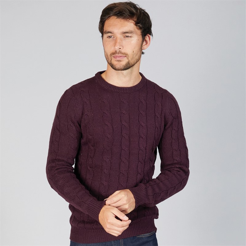 Kangaroo Poo Mens Cable Knit Sweater Dark Burgundy