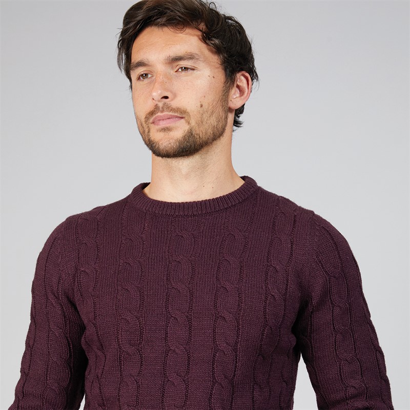 Kangaroo Poo Mens Cable Knit Sweater Dark Burgundy