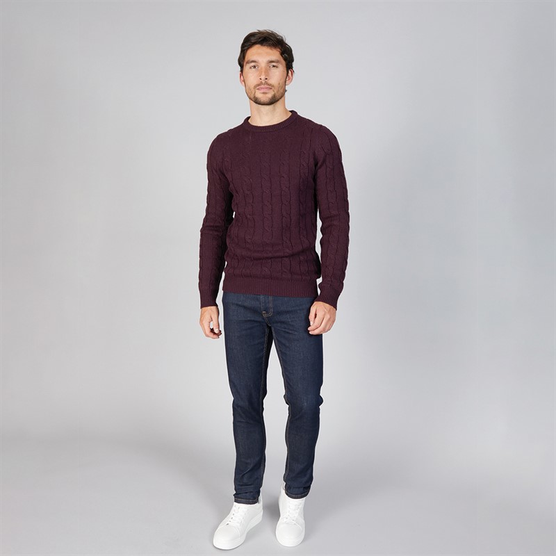 Kangaroo Poo Mens Cable Knit Sweater Dark Burgundy