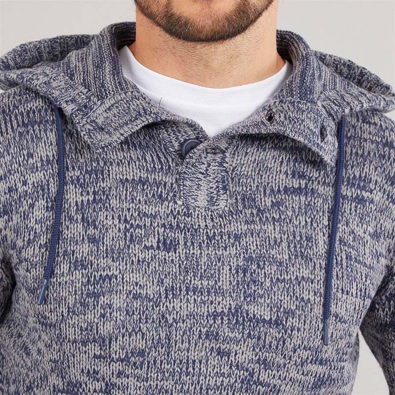 Kangaroo Poo Mens Hooded Button Neck Sweater Navy Mix