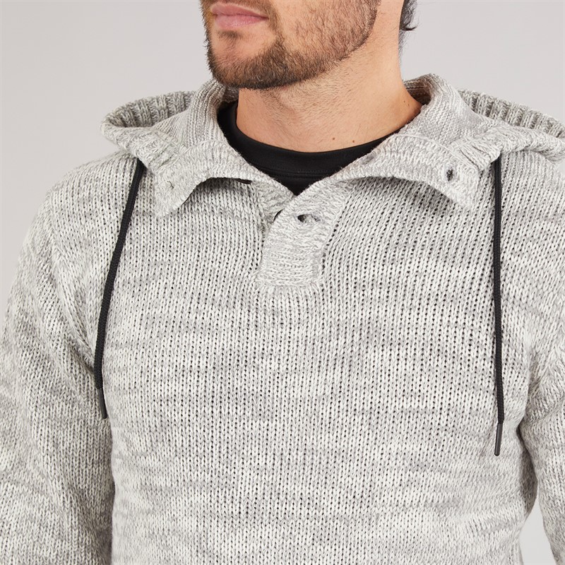 Kangaroo Poo Mens Hooded Button Neck Sweater Ecru Mix