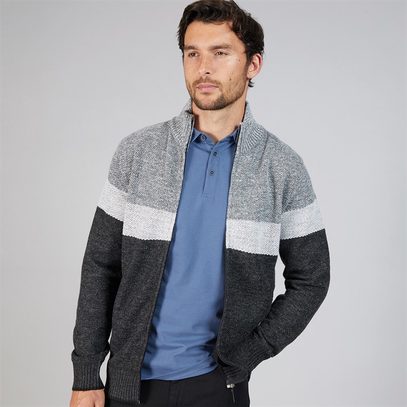 Kangaroo Poo Mens Colour Block Zip-Through Cardigan Black Multi