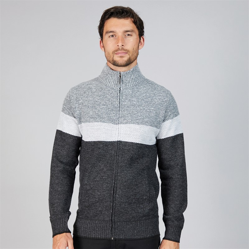 Kangaroo Poo Mens Colour Block Zip-Through Cardigan Black Multi