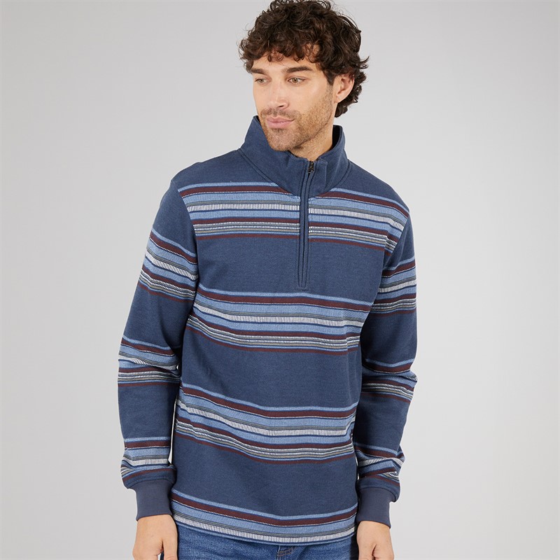 Kangaroo Poo Mens Stripe Surf 1/4 Zip Sweatshirt Navy