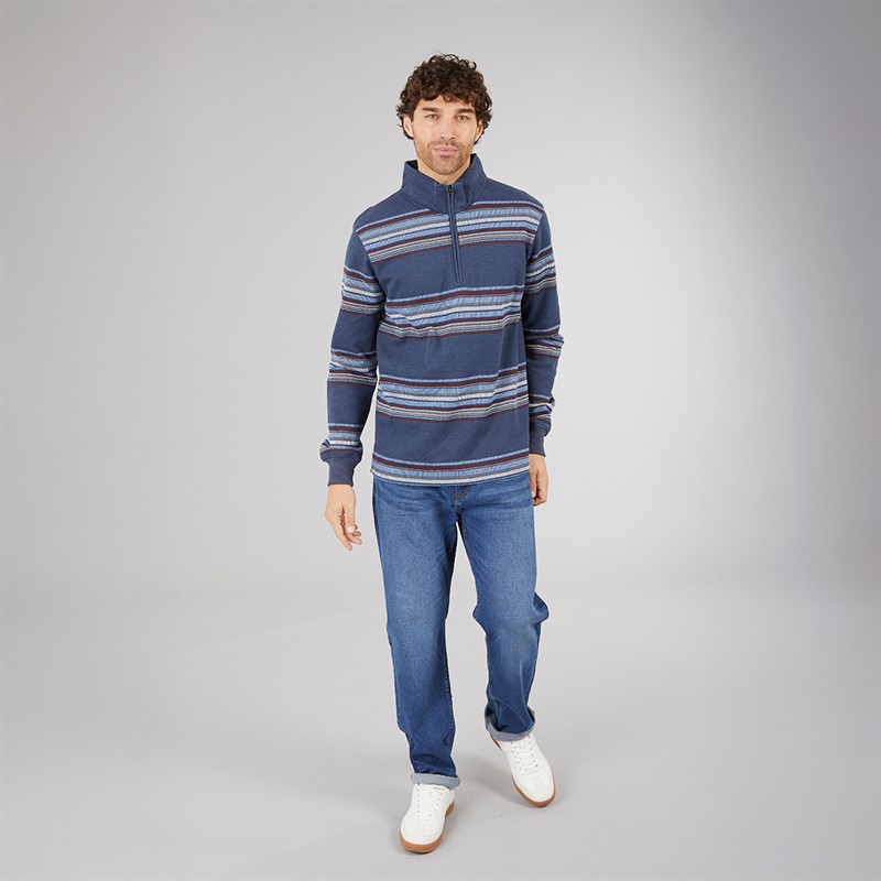 Kangaroo Poo Mens Stripe Surf 1/4 Zip Sweatshirt Navy