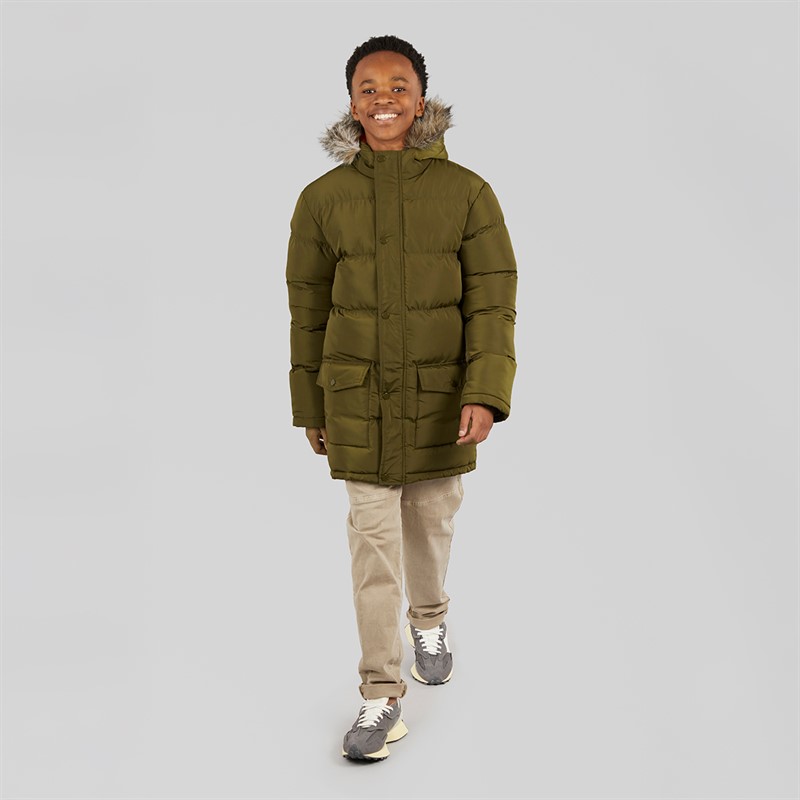 Kangaroo Poo Boys Faux Fur Trim Hood Puffer Jacket Khaki