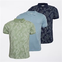 Kangaroo Poo Mens Three Pack Fern Print Polo Shirts Navy/Sage Green/Light Blue Plain Navy/Sage Green/Lt Blue Plain
