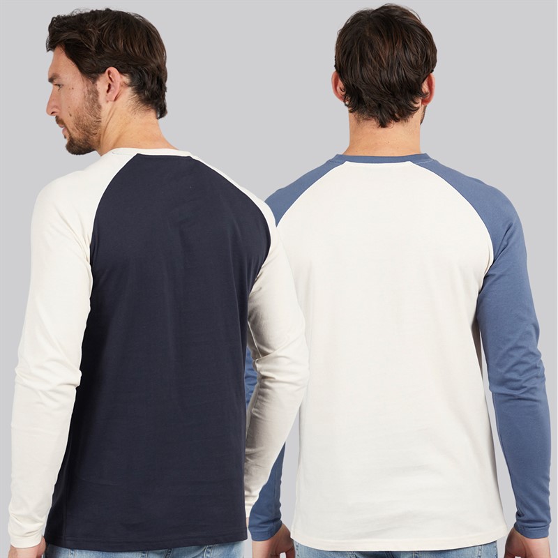 Kangaroo Poo Mens Two Pack Long Sleeve Raglan T-Shirts Ecru/Denim Blue/Navy/Ecru Ecru / Denim Blue / Navy / Ecru