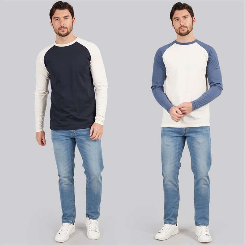 Kangaroo Poo Mens Two Pack Long Sleeve Raglan T-Shirts Ecru/Denim Blue/Navy/Ecru Ecru / Denim Blue / Navy / Ecru