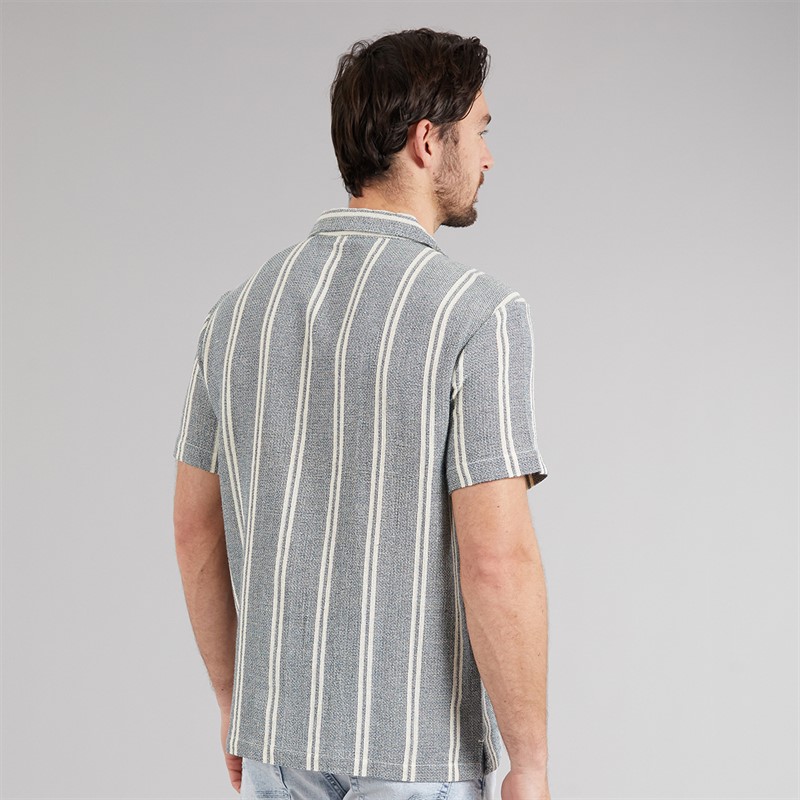 Kangaroo Poo Mens Textured Shirt Ecru/Teal Stripe