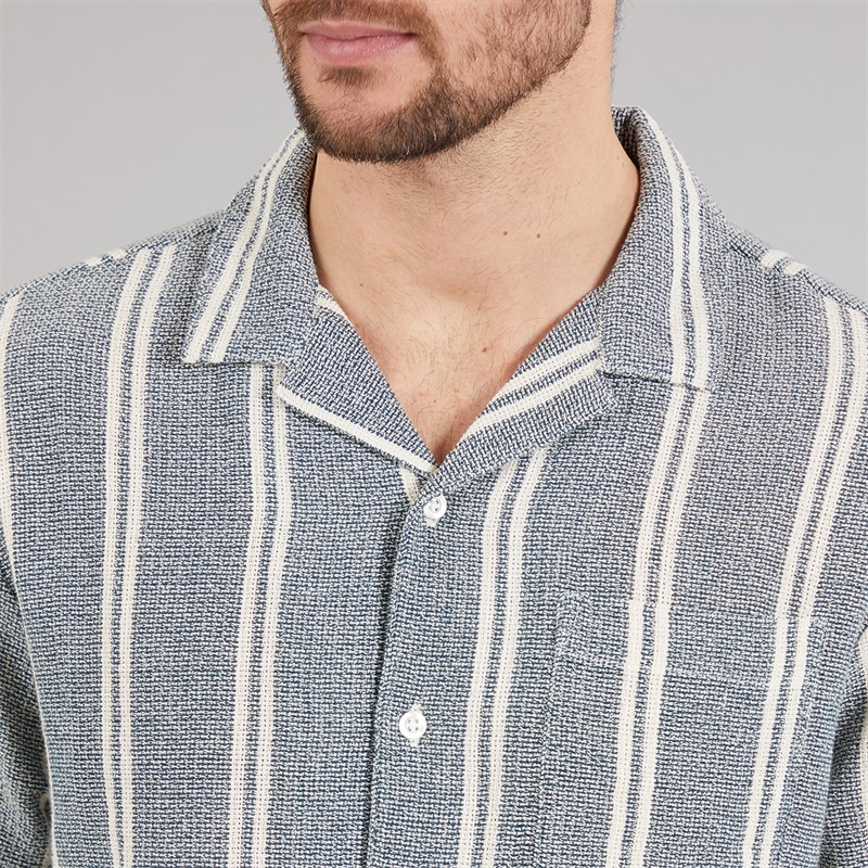 Kangaroo Poo Mens Textured Shirt Ecru/Teal Stripe