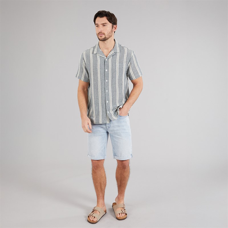 Kangaroo Poo Mens Textured Shirt Ecru/Teal Stripe