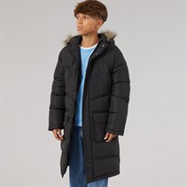 Kangaroo Poo Boys Longline Faux Fur Trim Hooded Coat Black