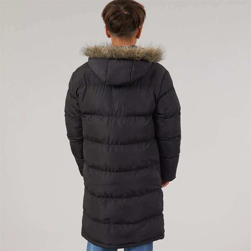 Kangaroo Poo Boys Longline Faux Fur Trim Hooded Coat Black