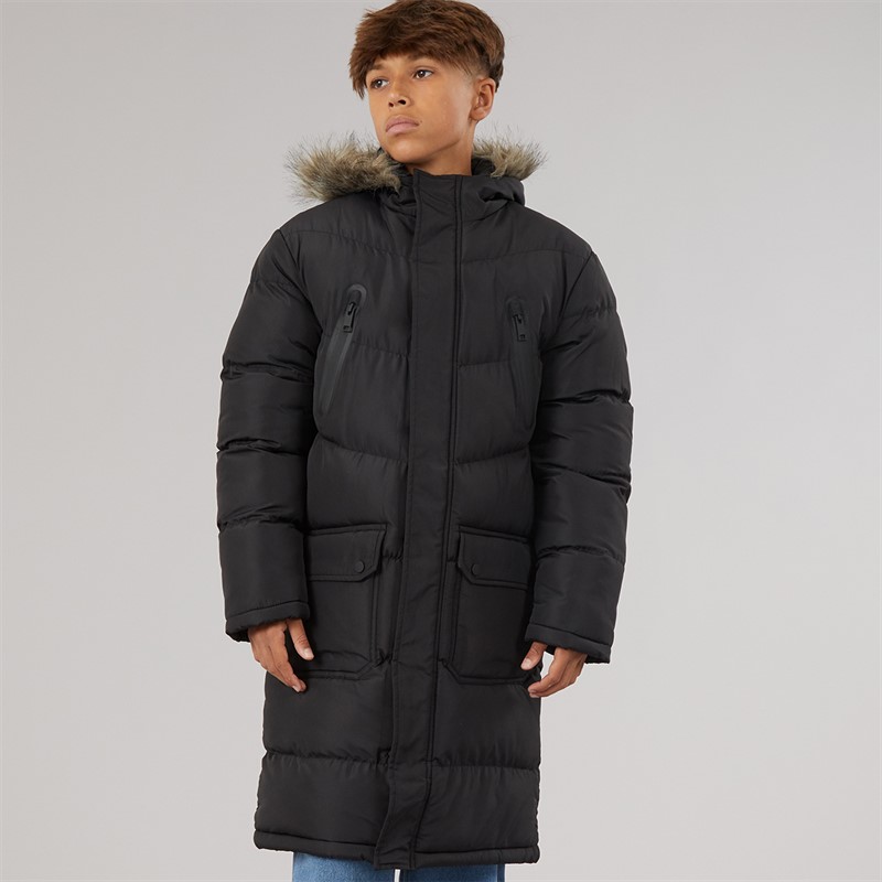 Kangaroo Poo Boys Longline Faux Fur Trim Hooded Coat Black