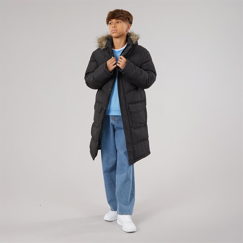 Kangaroo Poo Boys Longline Faux Fur Trim Hooded Coat Black