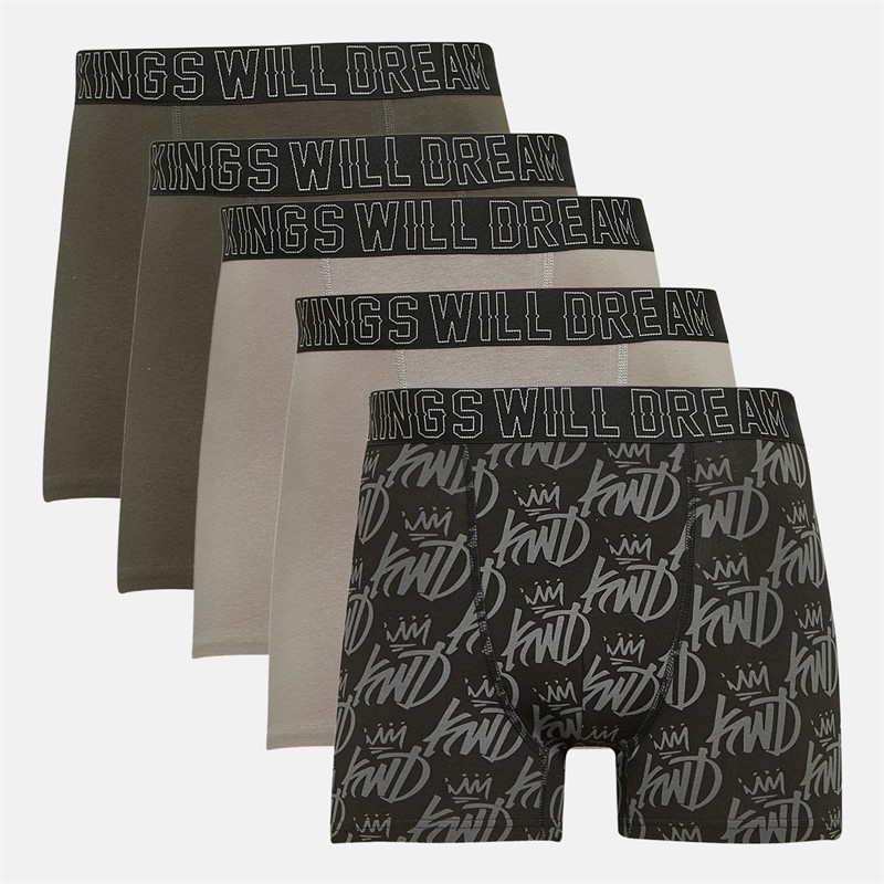 Kings Will Dream Mens Kingsported Five Pack Boxers Black Pattern/Olive/Olive/Ash Grey/Ash Grey