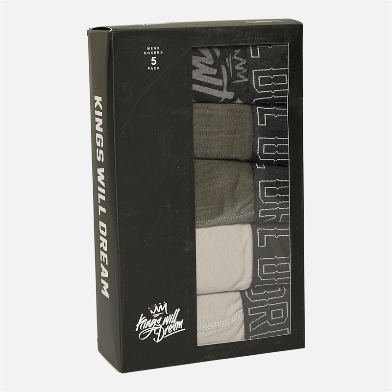Kings Will Dream Mens Kingsported Five Pack Boxers Black Pattern/Olive/Olive/Ash Grey/Ash Grey