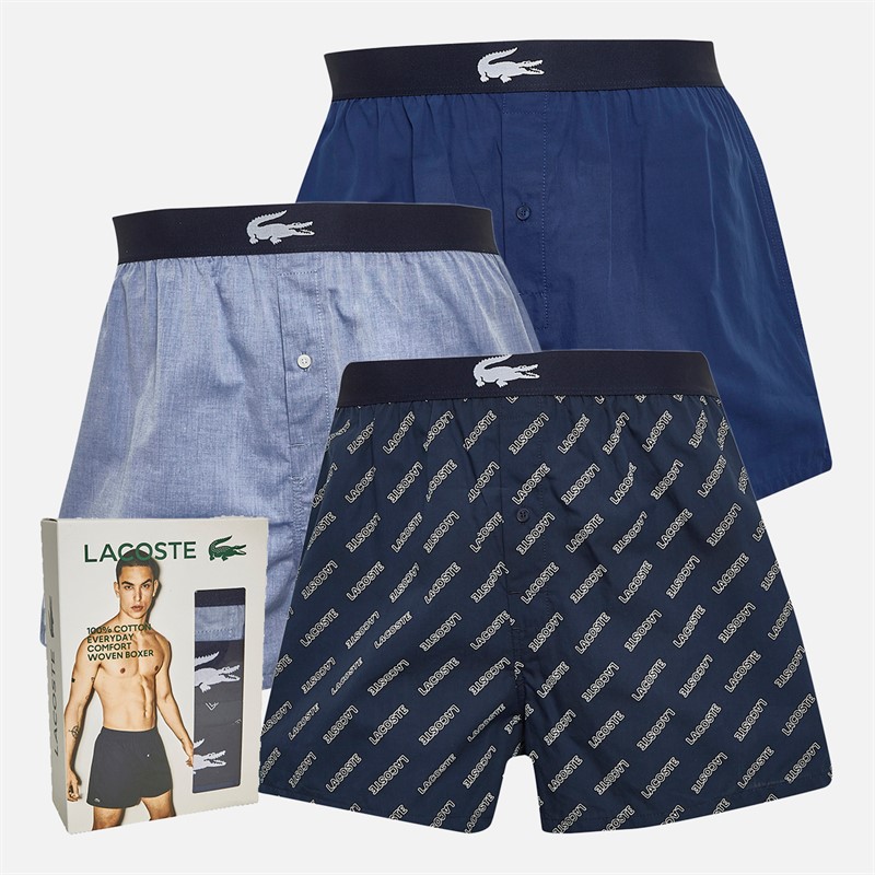 Lacoste Mens Three Pack Boxers Navy Blue/Methylene-Tropi woven - Size S