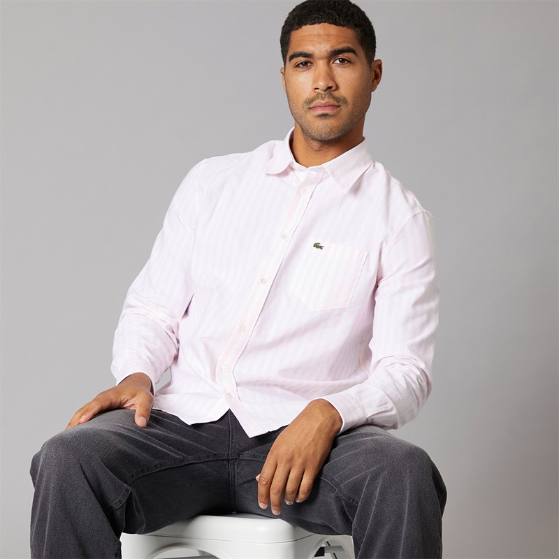 Lacoste Mens Stripe Oxford Shirt White/Flamingo - Size M/L