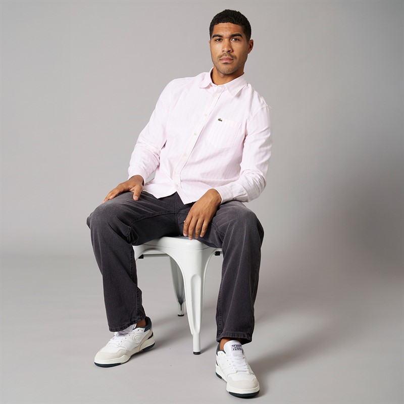Lacoste Mens Stripe Oxford Shirt White/Flamingo