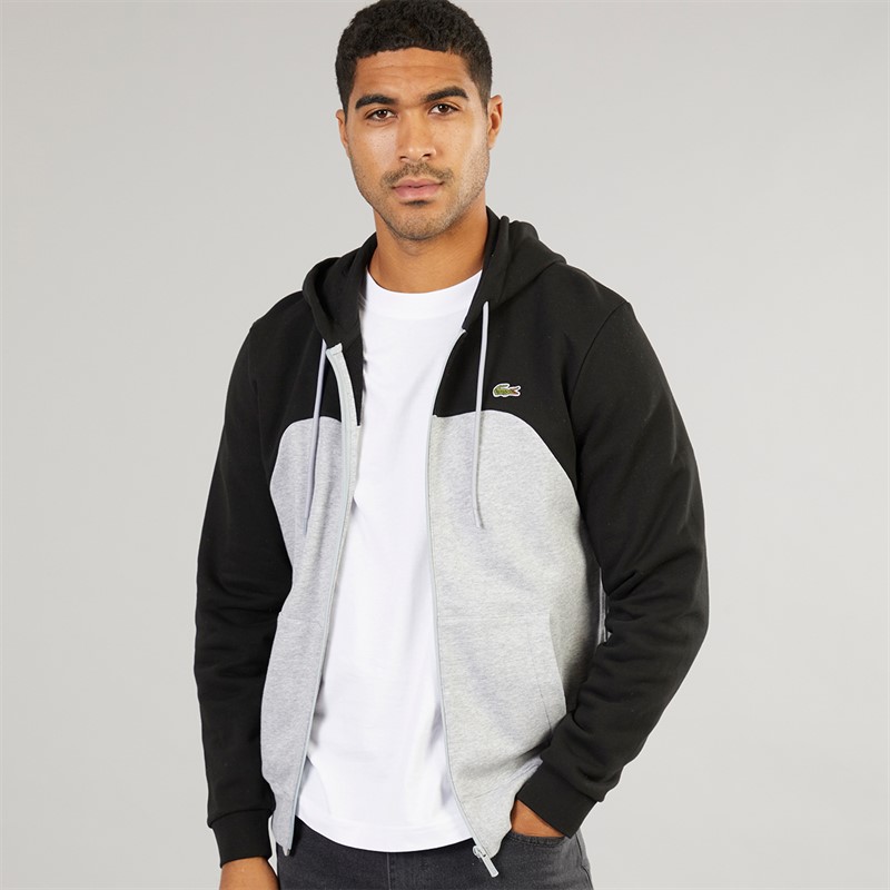 Lacoste Mens Colour Block Zip Up Hoodie Silver Chine/Black Black - Size L