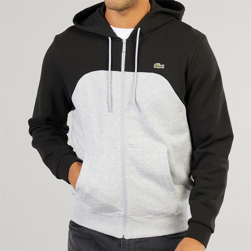 Lacoste Mens Colour Block Zip Up Hoodie Silver Chine/Black Black
