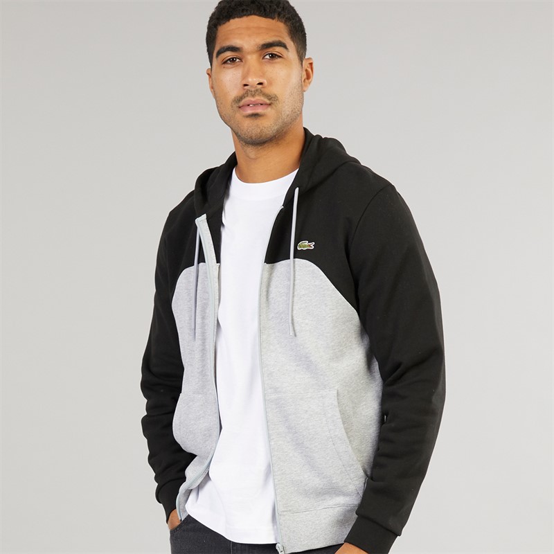 Lacoste Mens Colour Block Zip Up Hoodie Silver Chine/Black Black