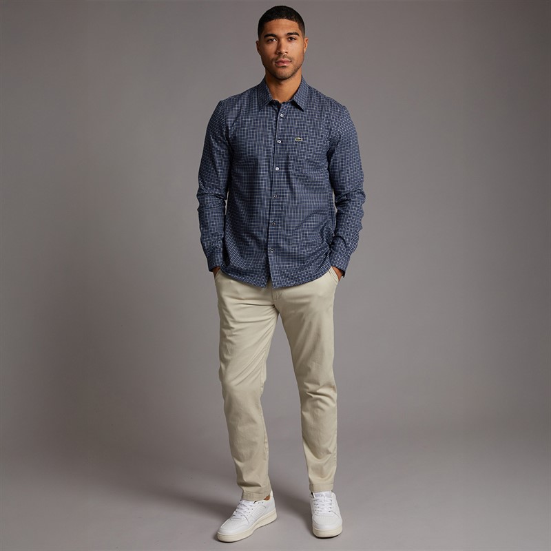 Lacoste Mens Long Sleeve Flannel Shirt Navy Blue/Flour