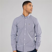Lacoste Mens Long Sleeve Gingham Poplin Shirt White/Navy Blue