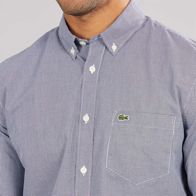 Lacoste Mens Long Sleeve Gingham Poplin Shirt White/Navy Blue