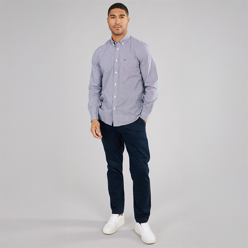 Lacoste Mens Long Sleeve Gingham Poplin Shirt White/Navy Blue