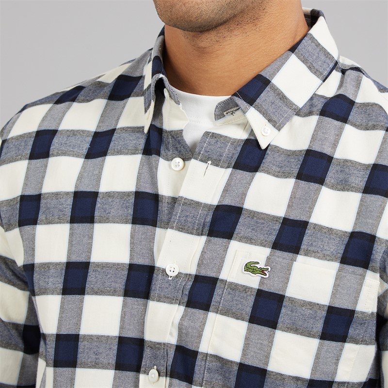 Lacoste Mens Long Sleeve Flannel Shirt Flour/Overview Navy Blue