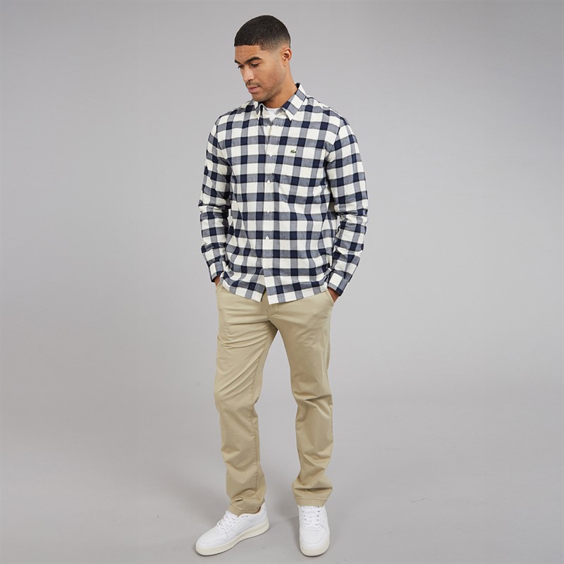 Lacoste Mens Long Sleeve Flannel Shirt Flour/Overview Navy Blue