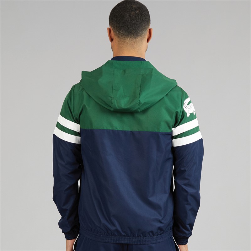 Lacoste Mens Water Repellent Hooded Jacket Navy Blue/Green/White